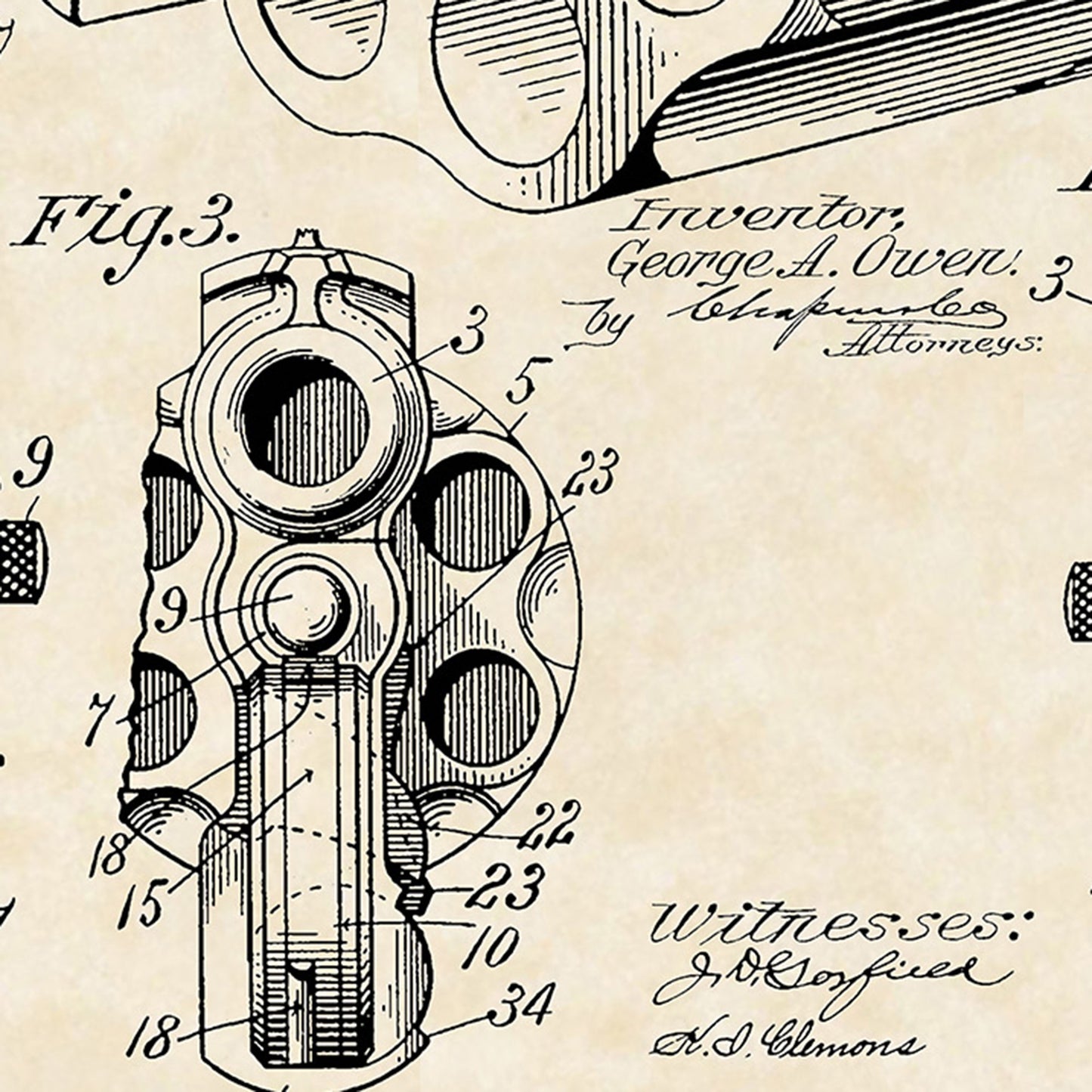 1898 G. A. Owen Revolver Patent Firearm Art 16x20 Vintage Gun Print on Custom Parchment - Portrait Version