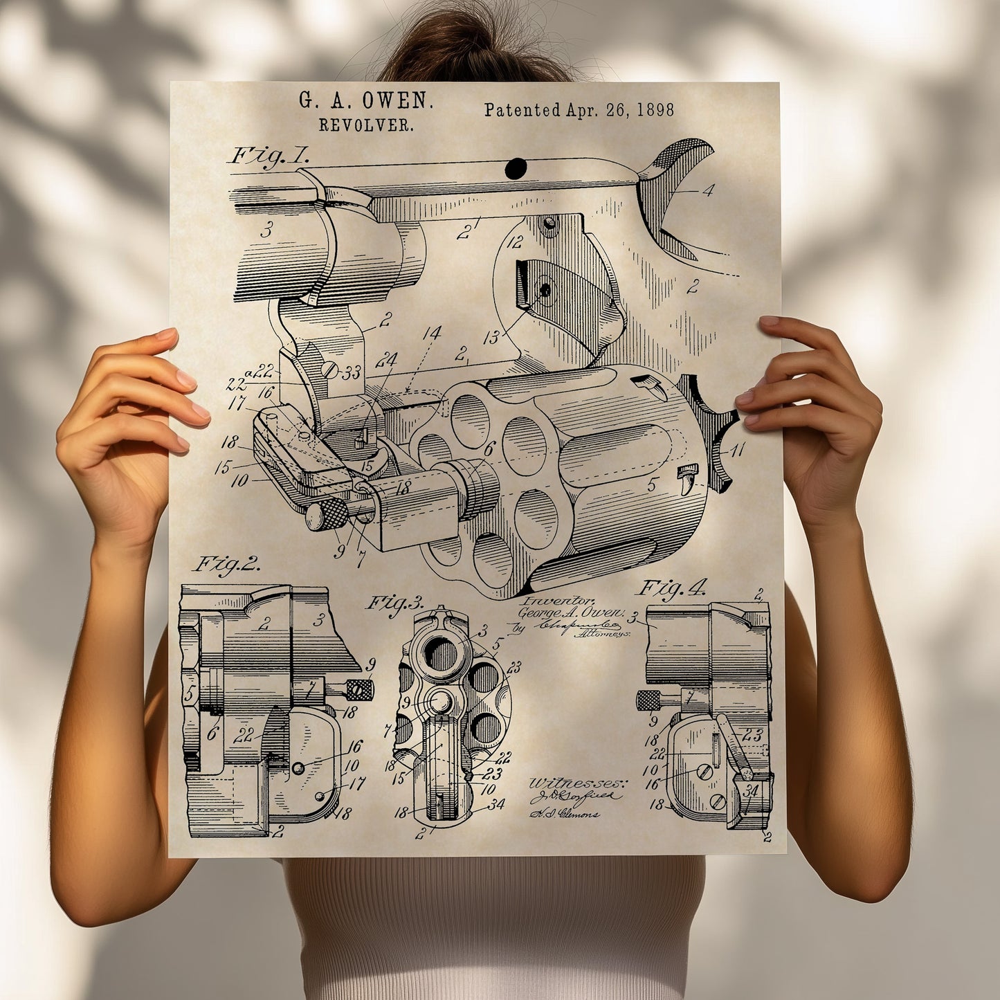 1898 G. A. Owen Revolver Patent Firearm Art 16x20 Vintage Gun Print on Custom Parchment - Portrait Version
