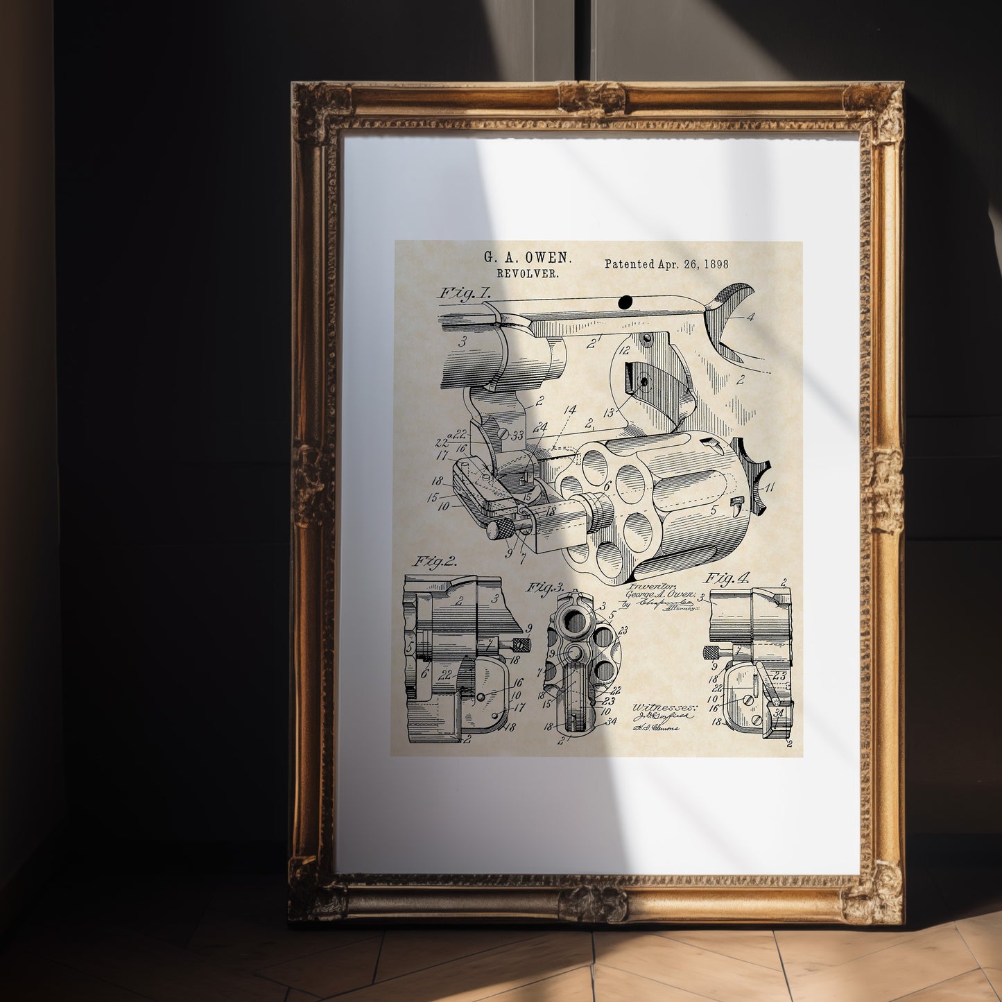 1898 G. A. Owen Revolver Patent Firearm Art 16x20 Vintage Gun Print on Custom Parchment - Portrait Version