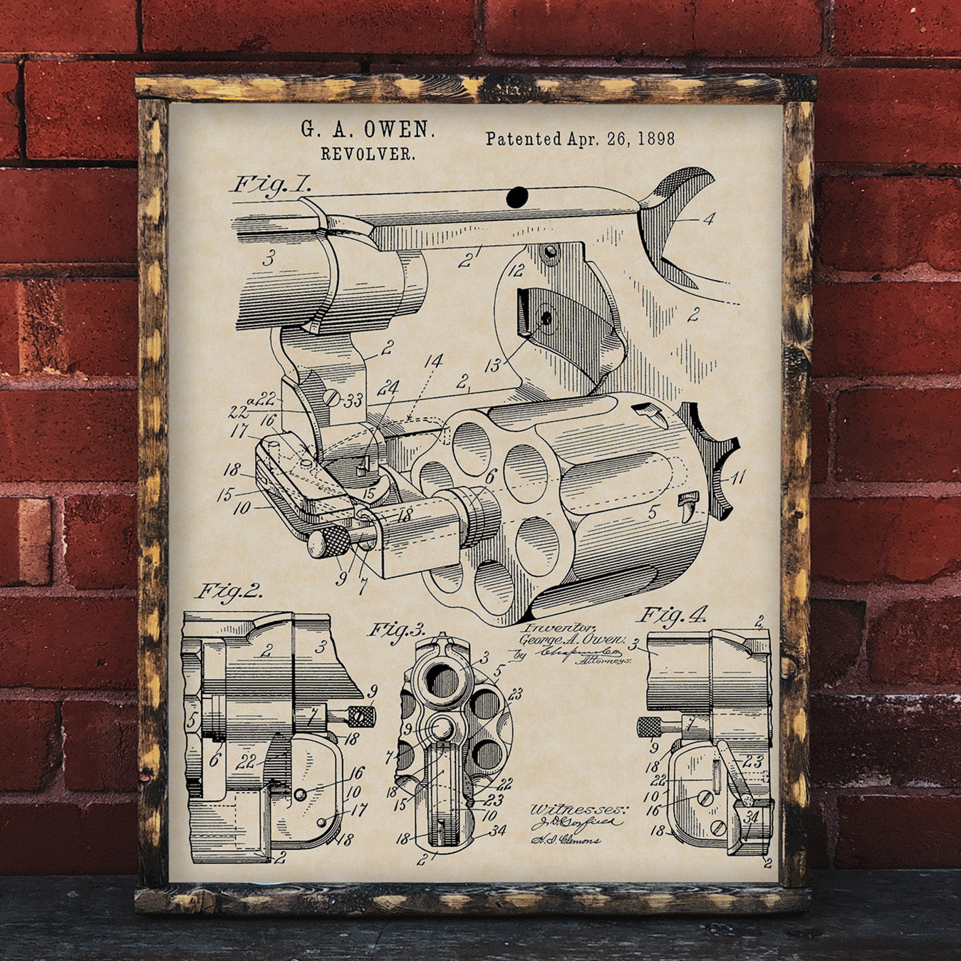 1898 G. A. Owen Revolver Patent Firearm Art 16x20 Vintage Gun Print on Custom Parchment - Portrait Version