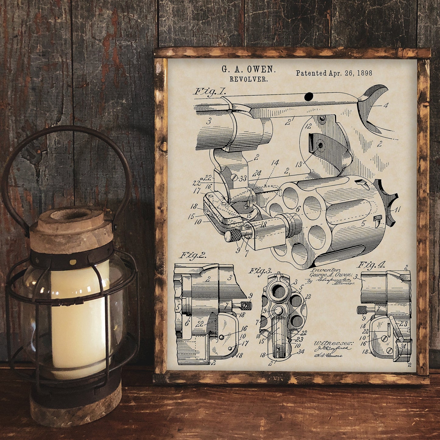1898 G. A. Owen Revolver Patent Firearm Art 16x20 Vintage Gun Print on Custom Parchment - Portrait Version