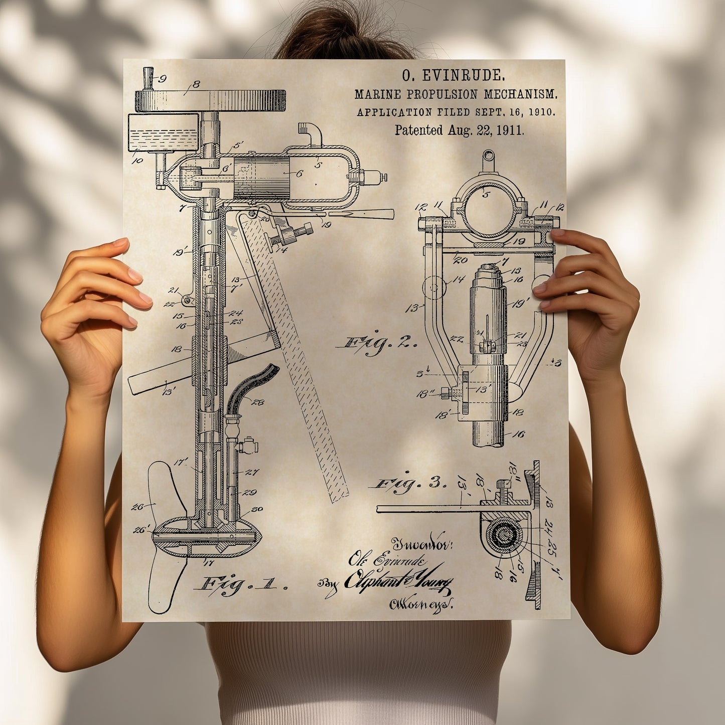 1911 Evinrude Outboard Motor Patent Art 16x20 Vintage Nautical Print on Custom Parchment