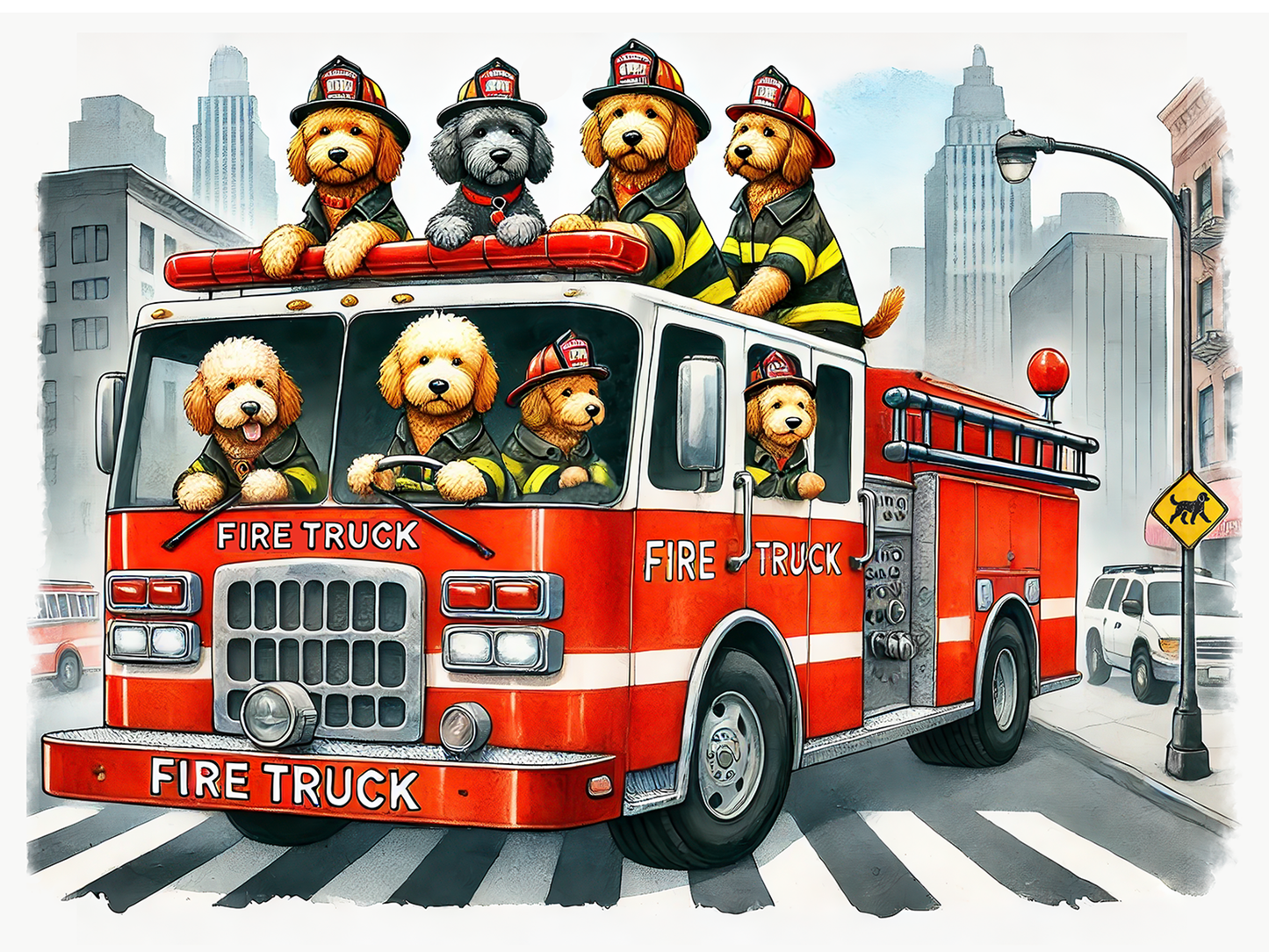 Golden Doodle Fireman Dog Driving Fire Truck Art Print Limited Edition Signed & Numbered