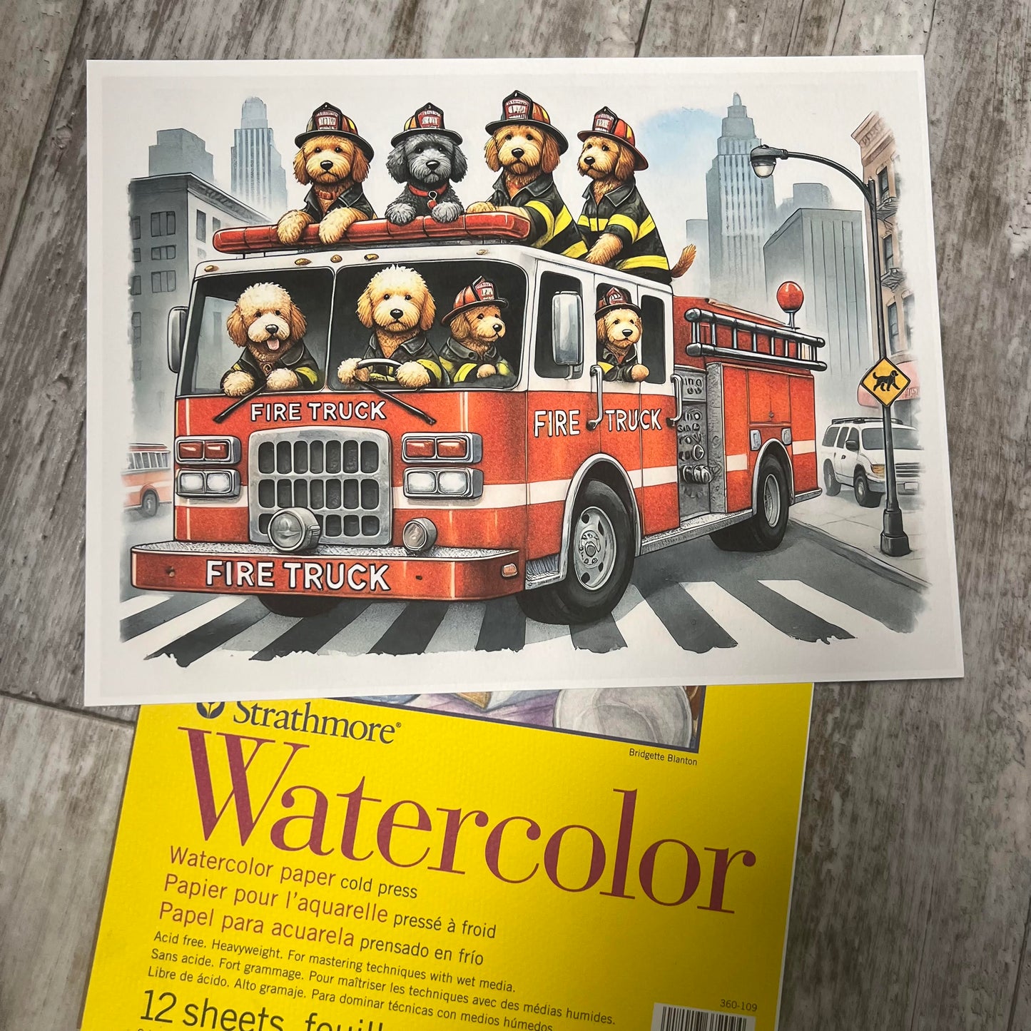 Golden Doodle Fireman Dog Driving Fire Truck Art Print Limited Edition Signed & Numbered