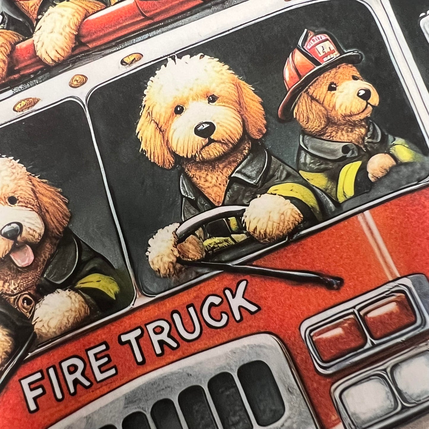 Golden Doodle Fireman Dog Driving Fire Truck Art Print Limited Edition Signed & Numbered