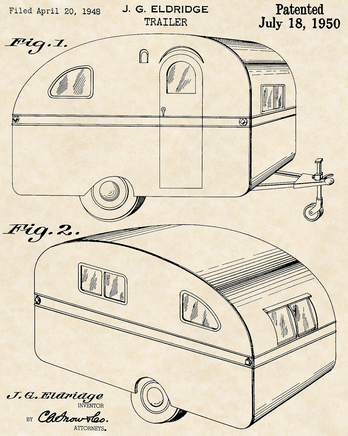 1950 Camper Patent Art 16x20 Vintage Camping Print on Custom Parchment