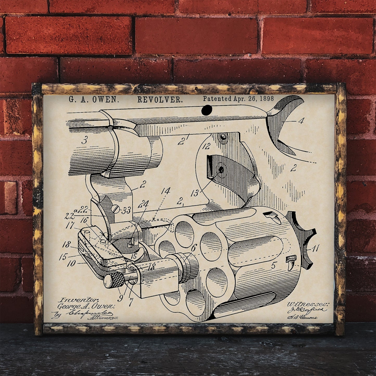 1898 G. A. Owen Revolver Patent Firearm Art 20x16 Vintage Gun Print on Custom Parchment - Landscape Version
