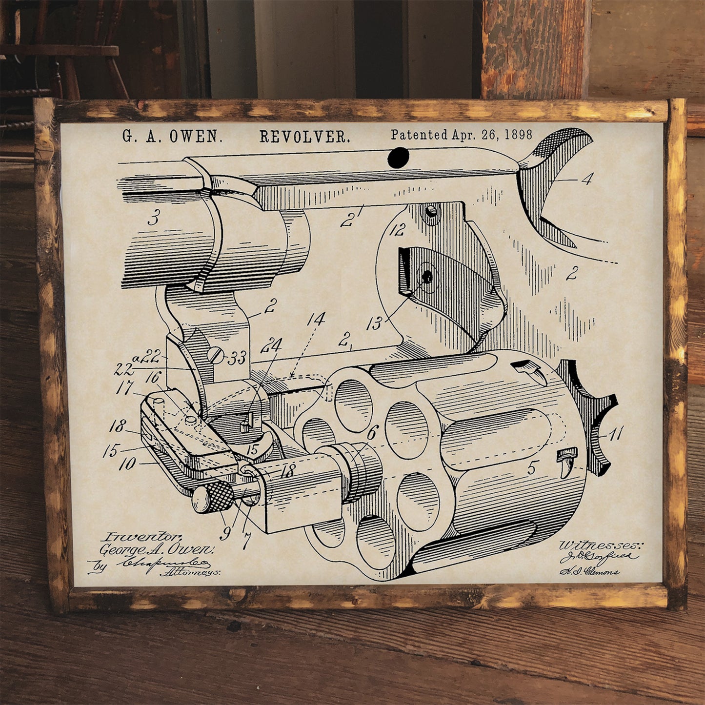 1898 G. A. Owen Revolver Patent Firearm Art 20x16 Vintage Gun Print on Custom Parchment - Landscape Version