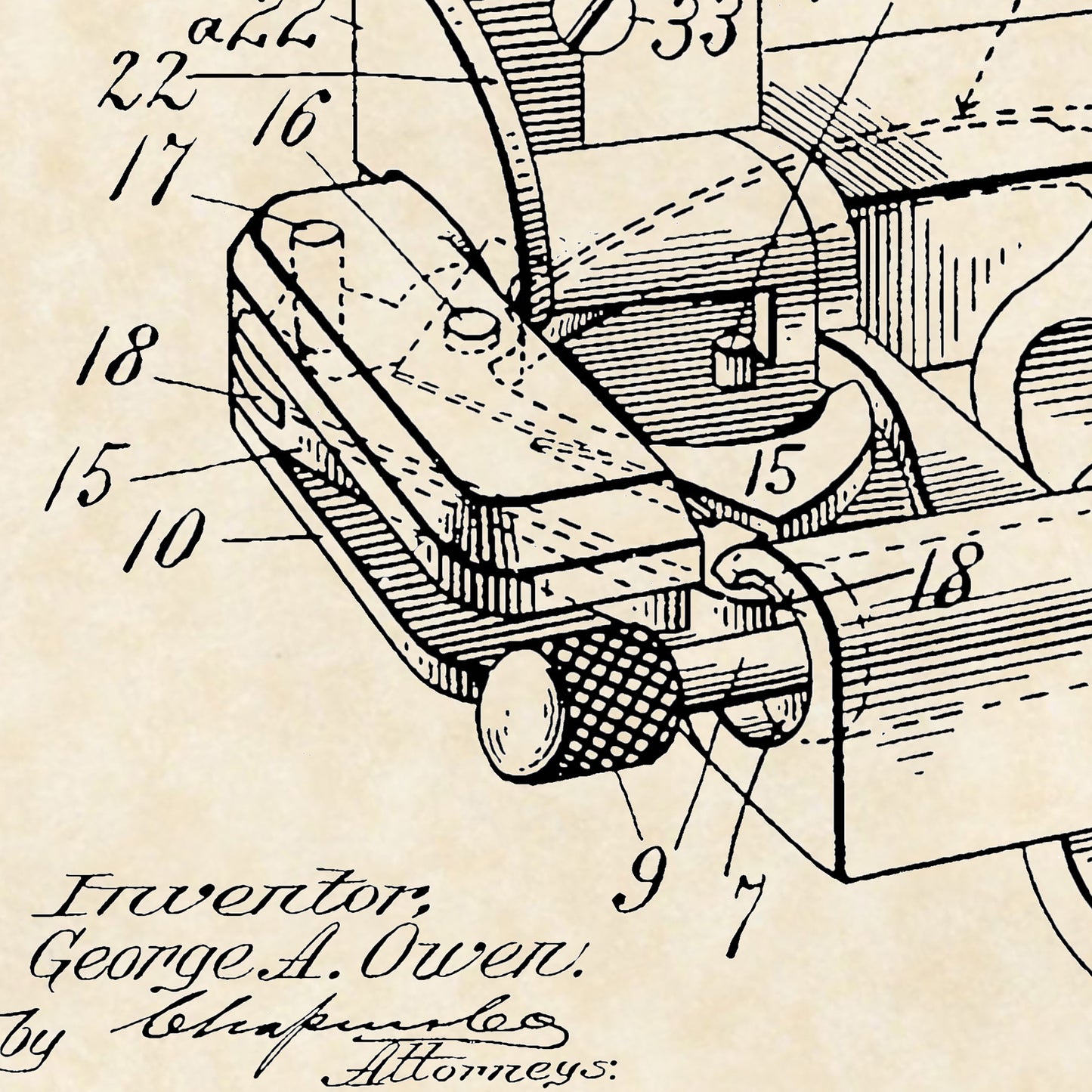 1898 G. A. Owen Revolver Patent Firearm Art 20x16 Vintage Gun Print on Custom Parchment - Landscape Version