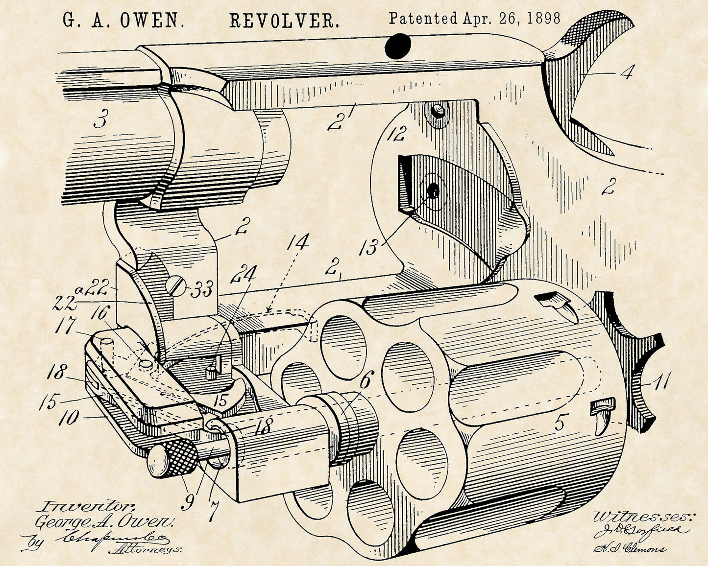 1898 G. A. Owen Revolver Patent Firearm Art 20x16 Vintage Gun Print on Custom Parchment - Landscape Version