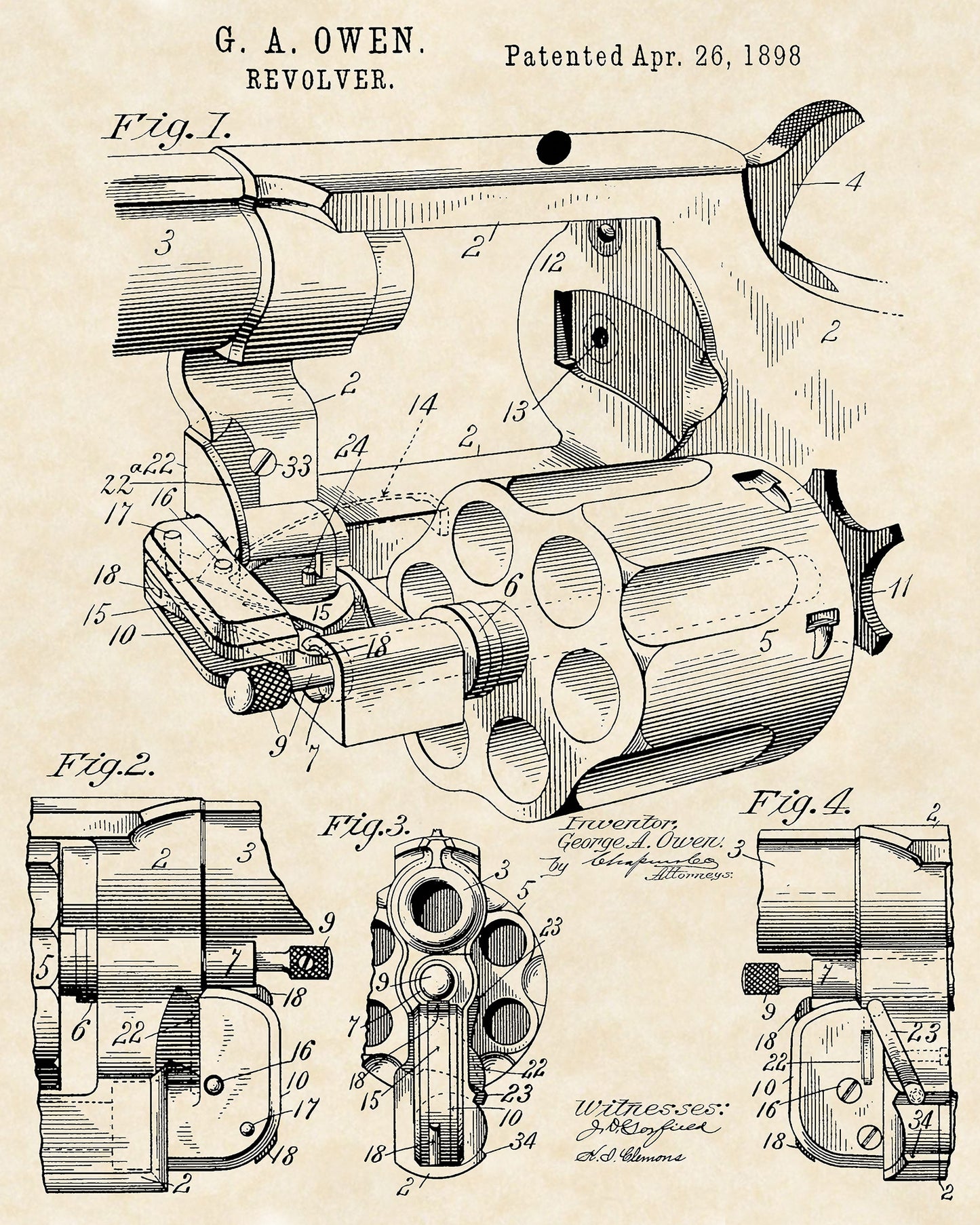 1898 G. A. Owen Revolver Patent Firearm Art 16x20 Vintage Gun Print on Custom Parchment - Portrait Version