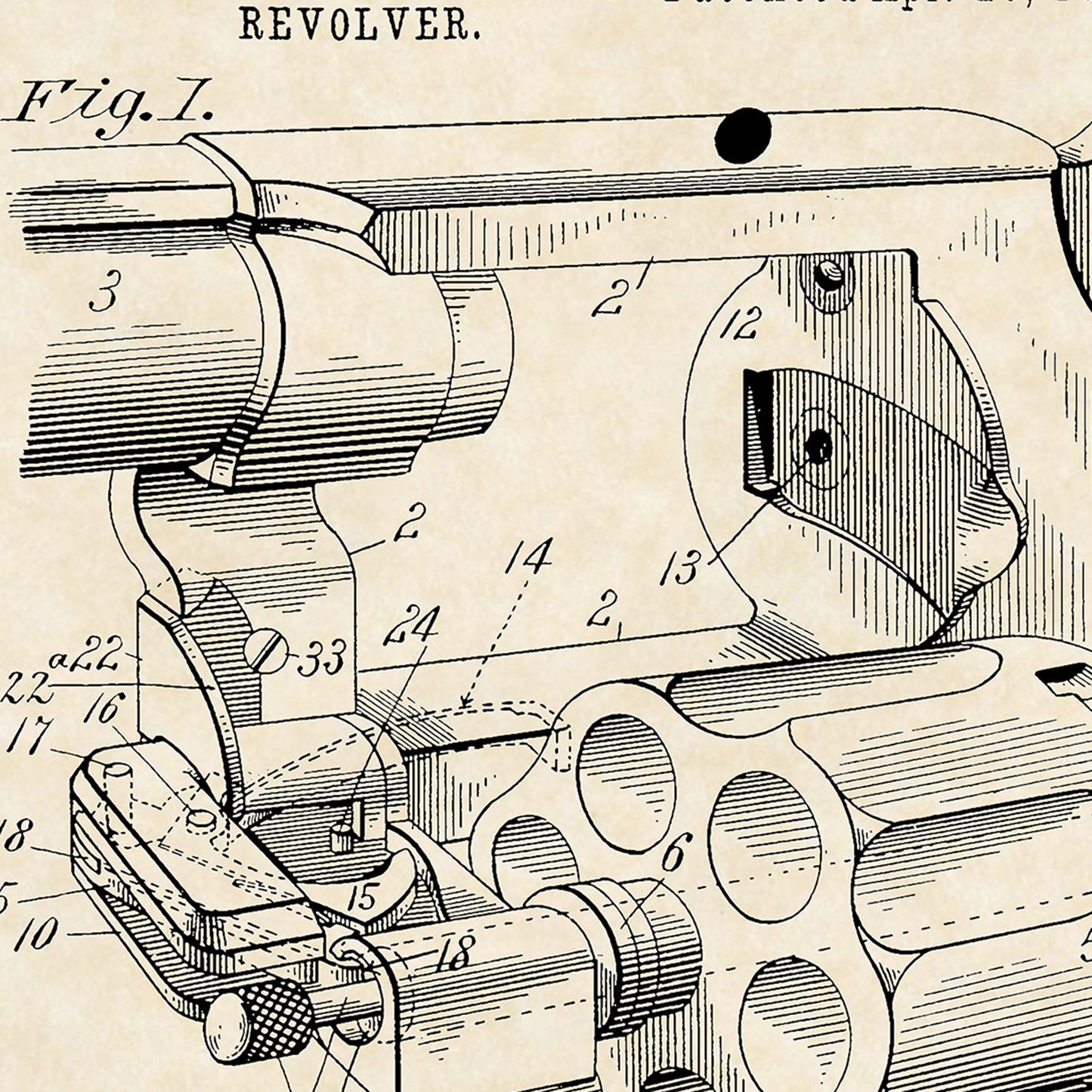 1898 G. A. Owen Revolver Patent Firearm Art 16x20 Vintage Gun Print on Custom Parchment - Portrait Version