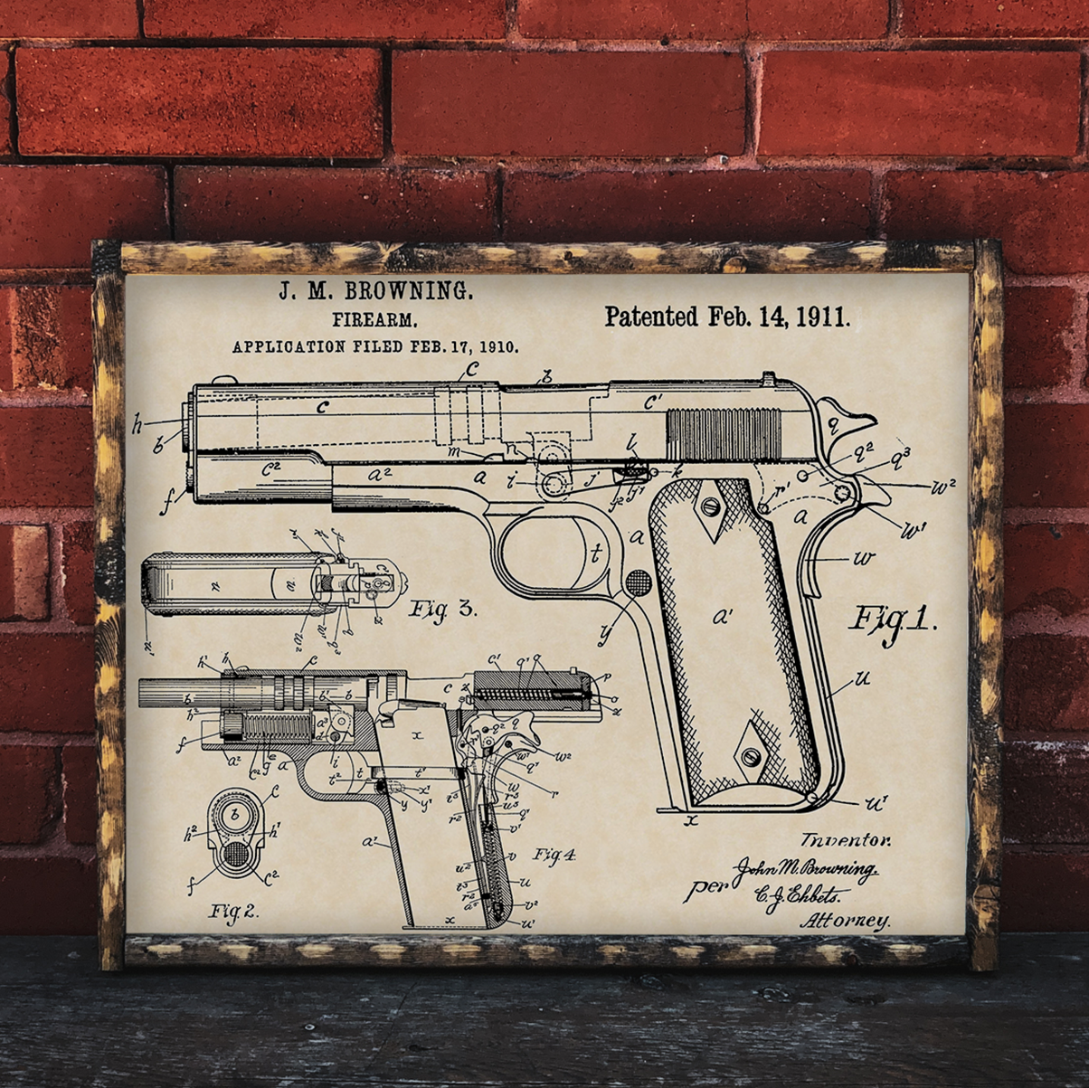 1911 Colt Handgun J.M. Browning Firearm Patent Art 16x20 Vintage Gun Print on Custom Parchment - Landscape Version