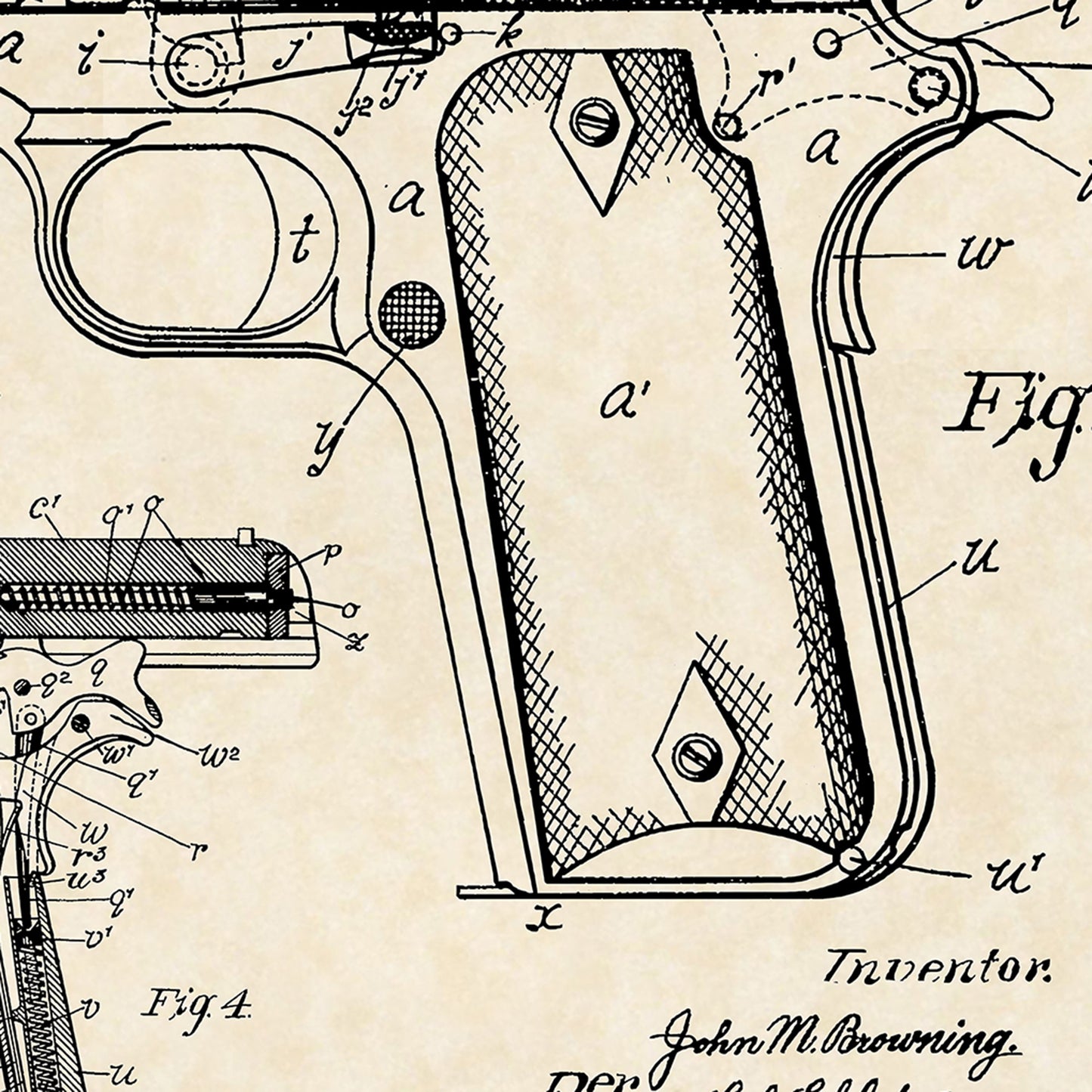 1911 Colt Handgun J.M. Browning Firearm Patent Art 16x20 Vintage Gun Print on Custom Parchment - Landscape Version