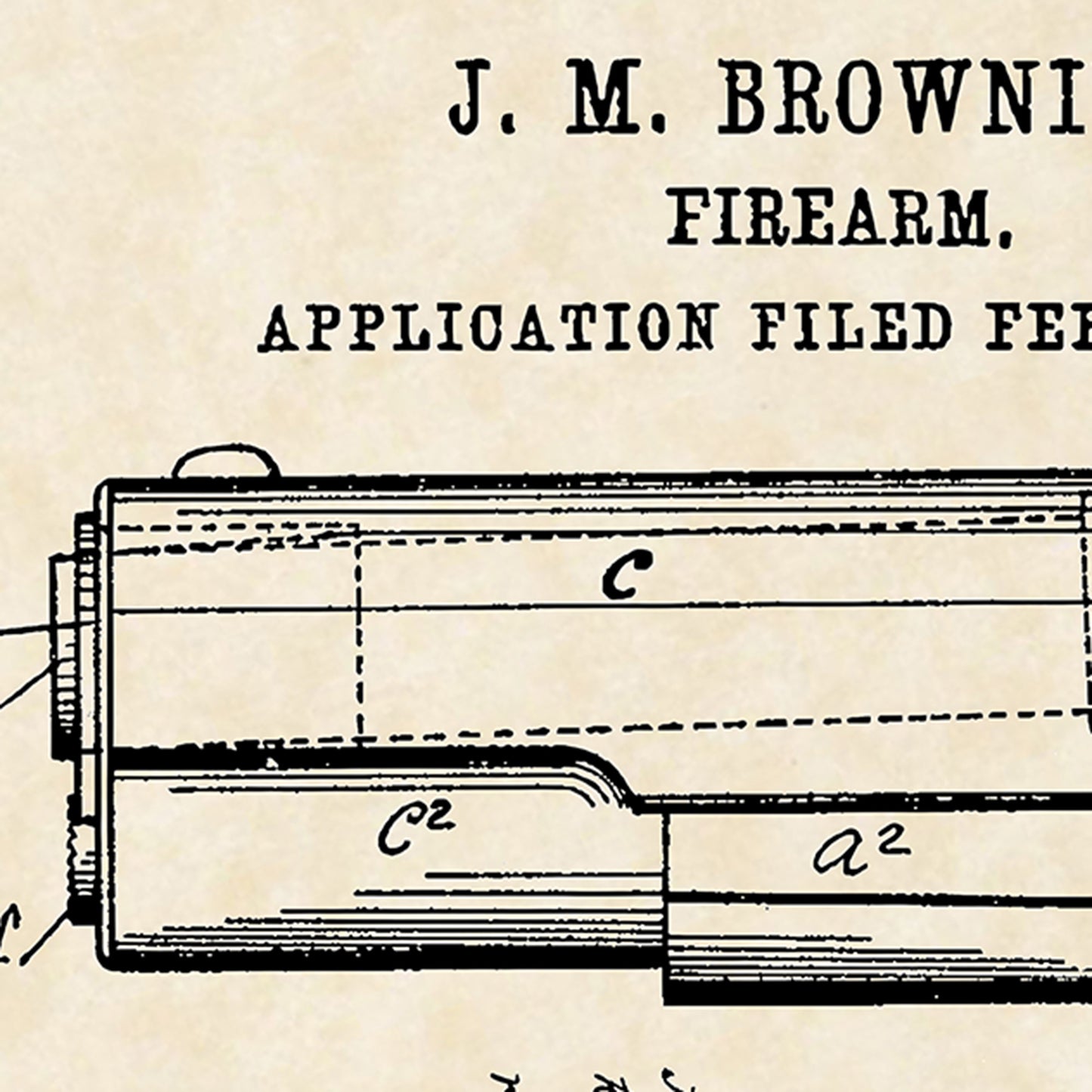 1911 Colt Handgun J.M. Browning Firearm Patent Art 16x20 Vintage Gun Print on Custom Parchment - Landscape Version