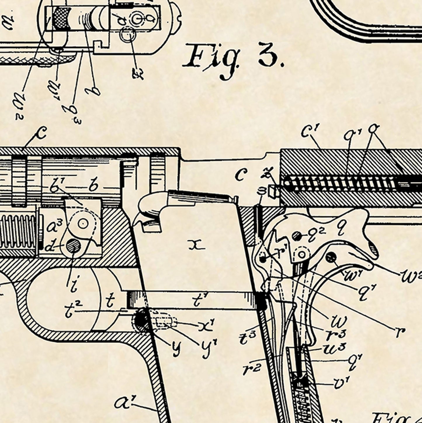 1911 Colt Handgun J.M. Browning Firearm Patent Art 16x20 Vintage Gun Print on Custom Parchment - Landscape Version