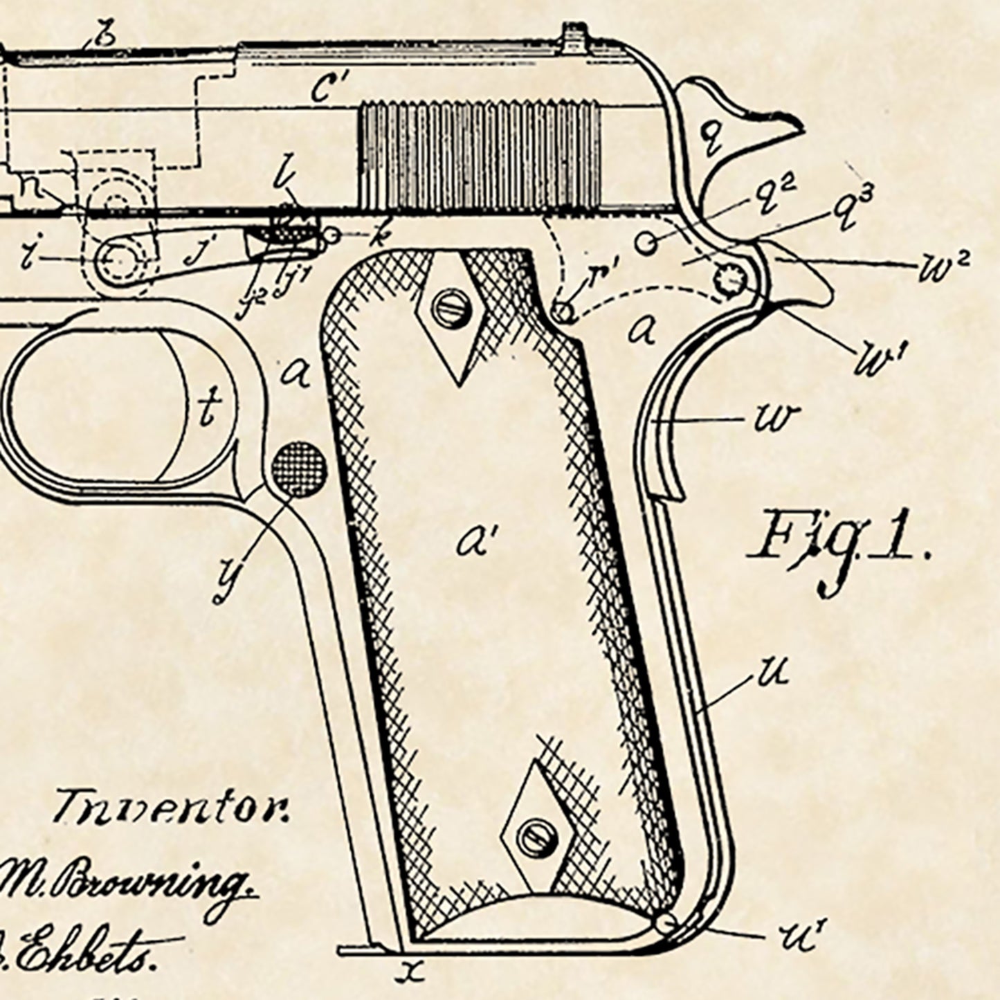 1911 Colt Handgun J.M. Browning Firearm Patent Art 16x20 Vintage Gun Print on Custom Parchment - Portrait Version