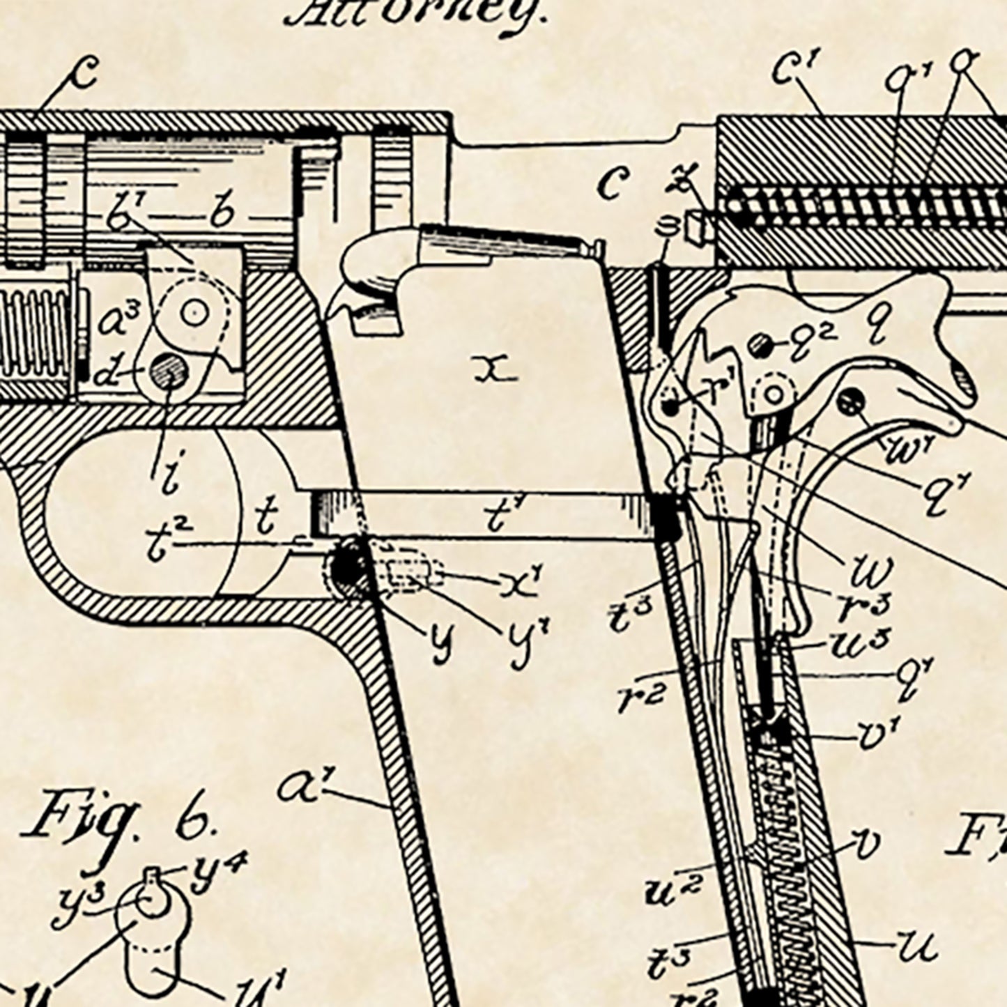 1911 Colt Handgun J.M. Browning Firearm Patent Art 16x20 Vintage Gun Print on Custom Parchment - Portrait Version