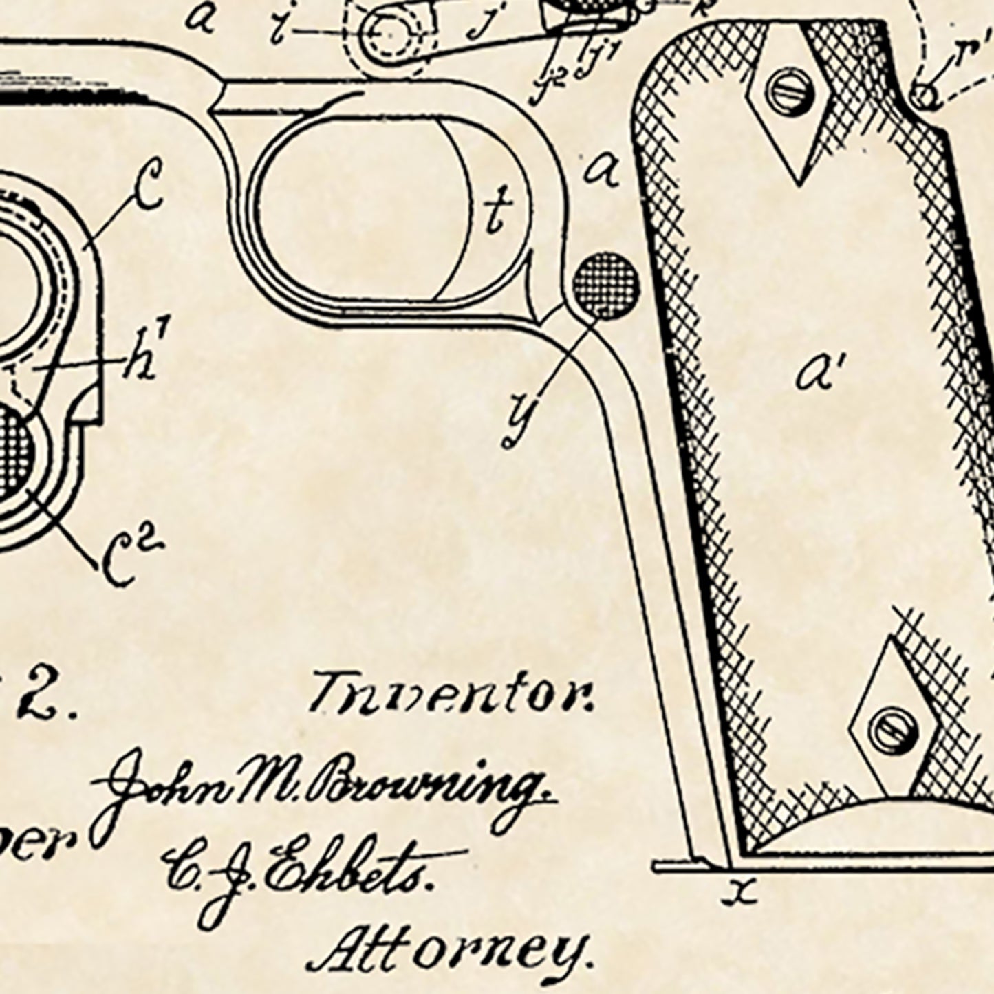 1911 Colt Handgun J.M. Browning Firearm Patent Art 16x20 Vintage Gun Print on Custom Parchment - Portrait Version