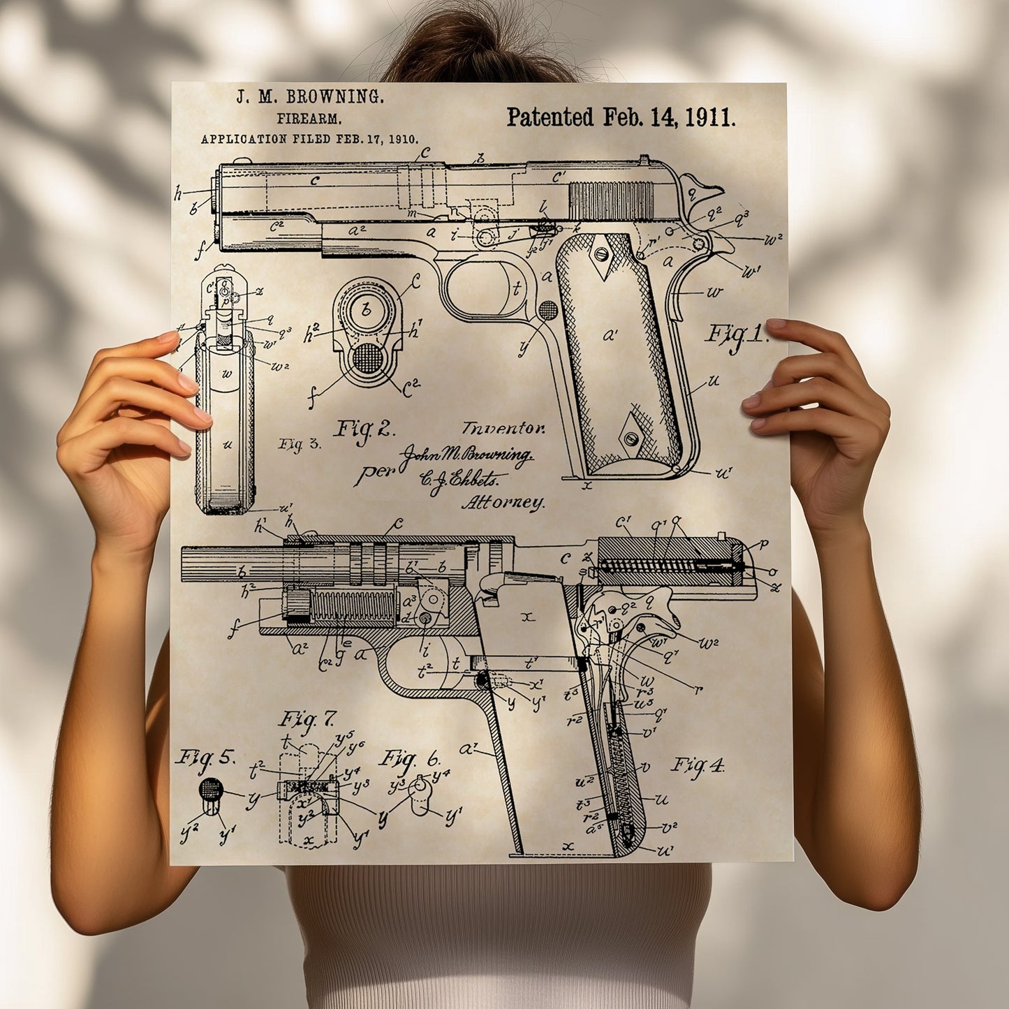 1911 Colt Handgun J.M. Browning Firearm Patent Art 16x20 Vintage Gun Print on Custom Parchment - Portrait Version