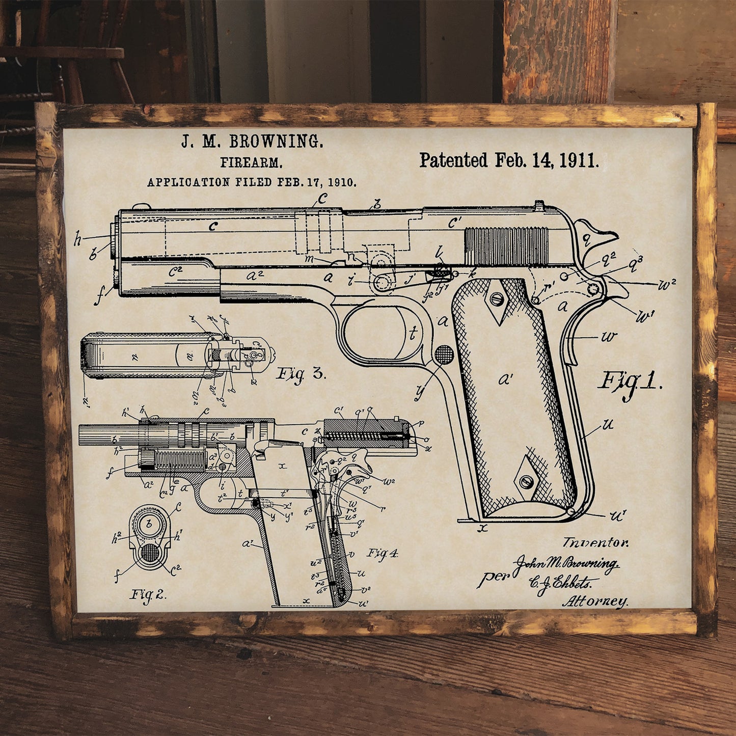 1911 Colt Handgun J.M. Browning Firearm Patent Art 16x20 Vintage Gun Print on Custom Parchment - Landscape Version