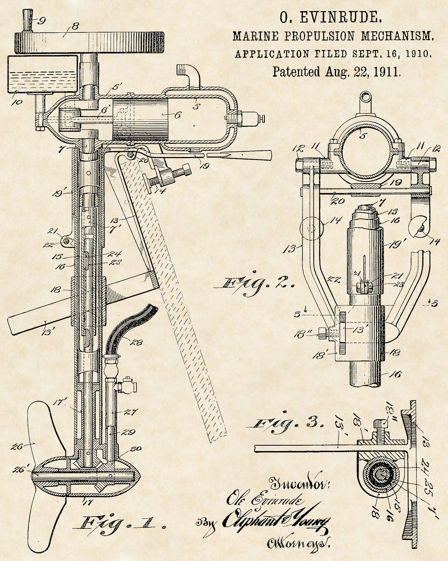 1911 Evinrude Outboard Motor Patent Art 16x20 Vintage Nautical Print on Custom Parchment