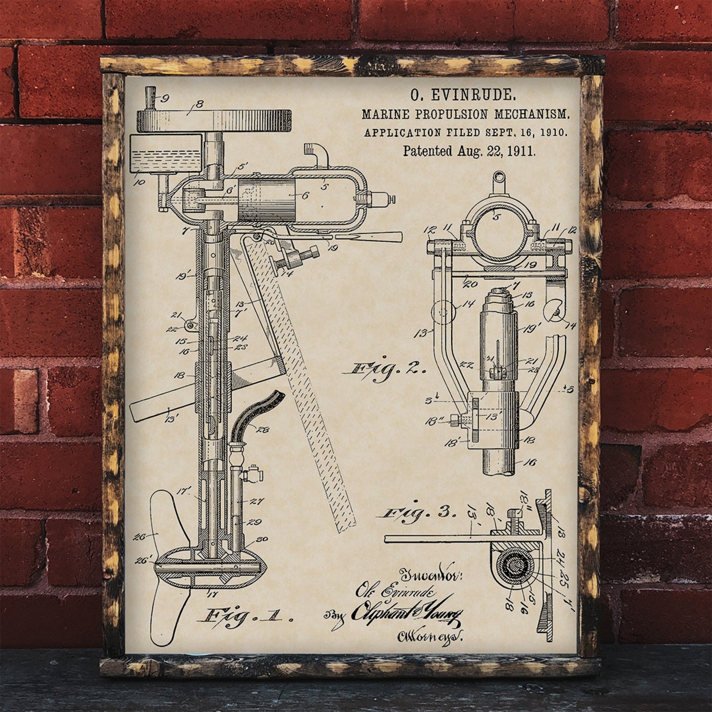 1911 Evinrude Outboard Motor Patent Art 16x20 Vintage Nautical Print on Custom Parchment