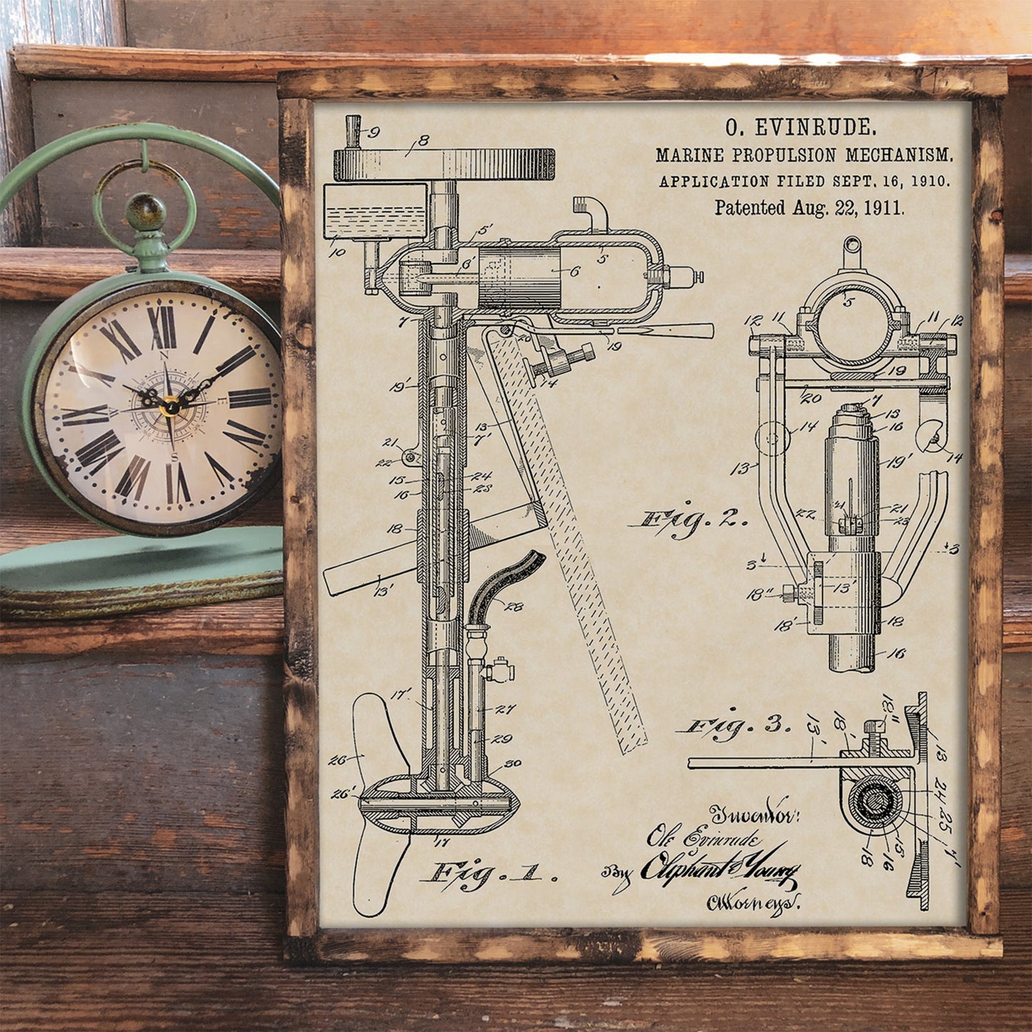 1911 Evinrude Outboard Motor Patent Art 16x20 Vintage Nautical Print on Custom Parchment