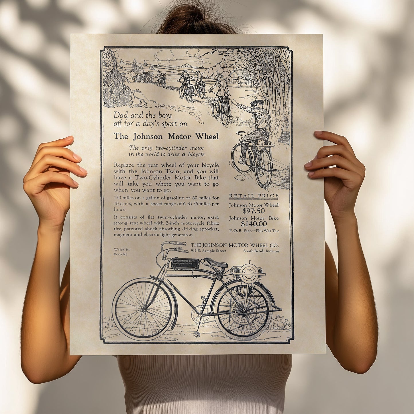 Johnson Motor Bike / Wheel Ad Art 16x20 Vintage Bicycle Motorcycle Print on Custom Parchment