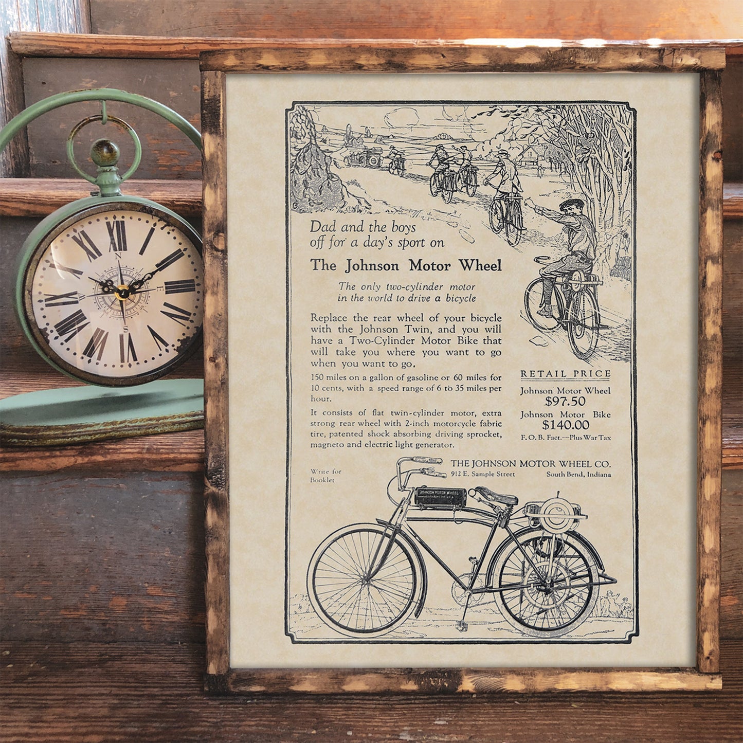 Johnson Motor Bike / Wheel Ad Art 16x20 Vintage Bicycle Motorcycle Print on Custom Parchment