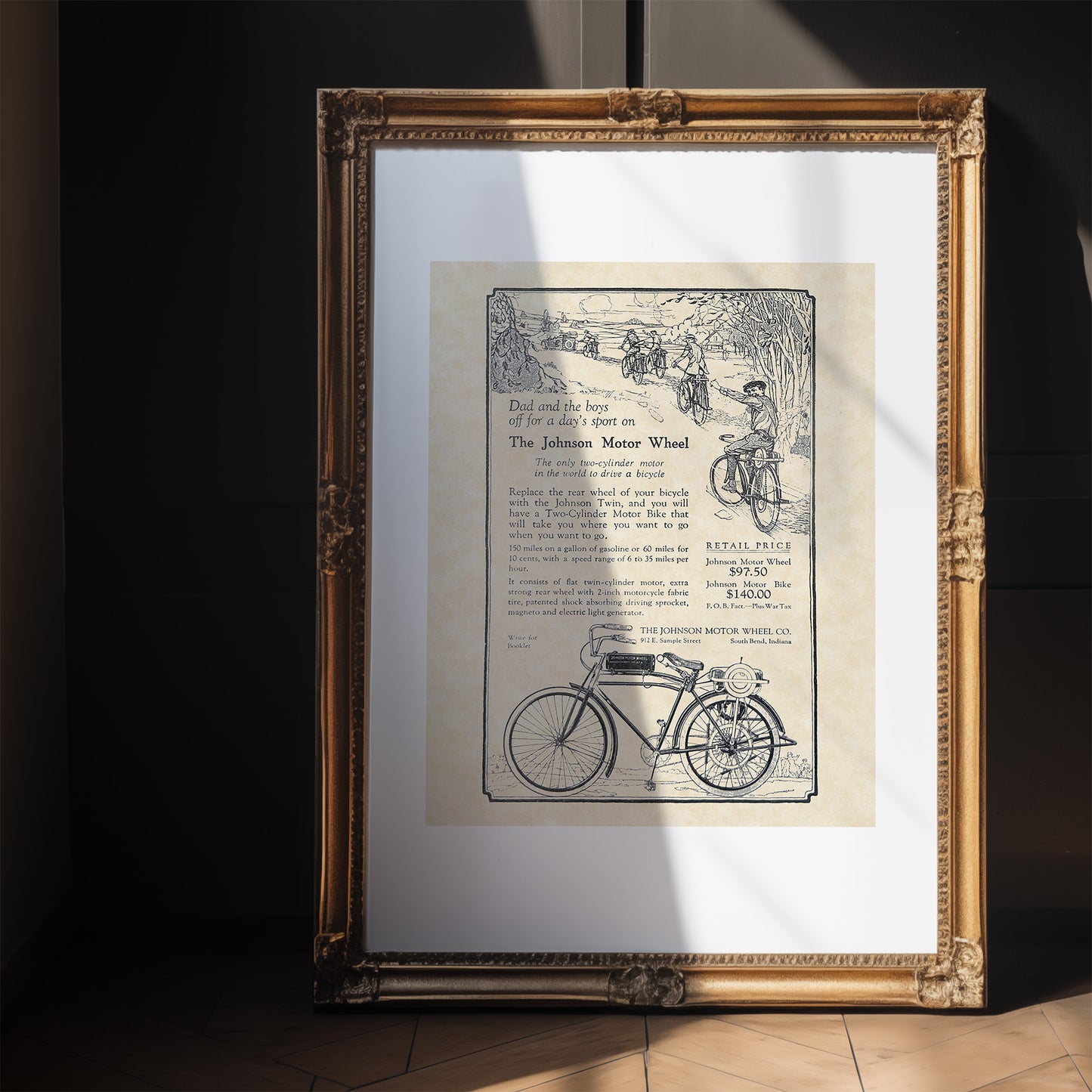 Johnson Motor Bike / Wheel Ad Art 16x20 Vintage Bicycle Motorcycle Print on Custom Parchment