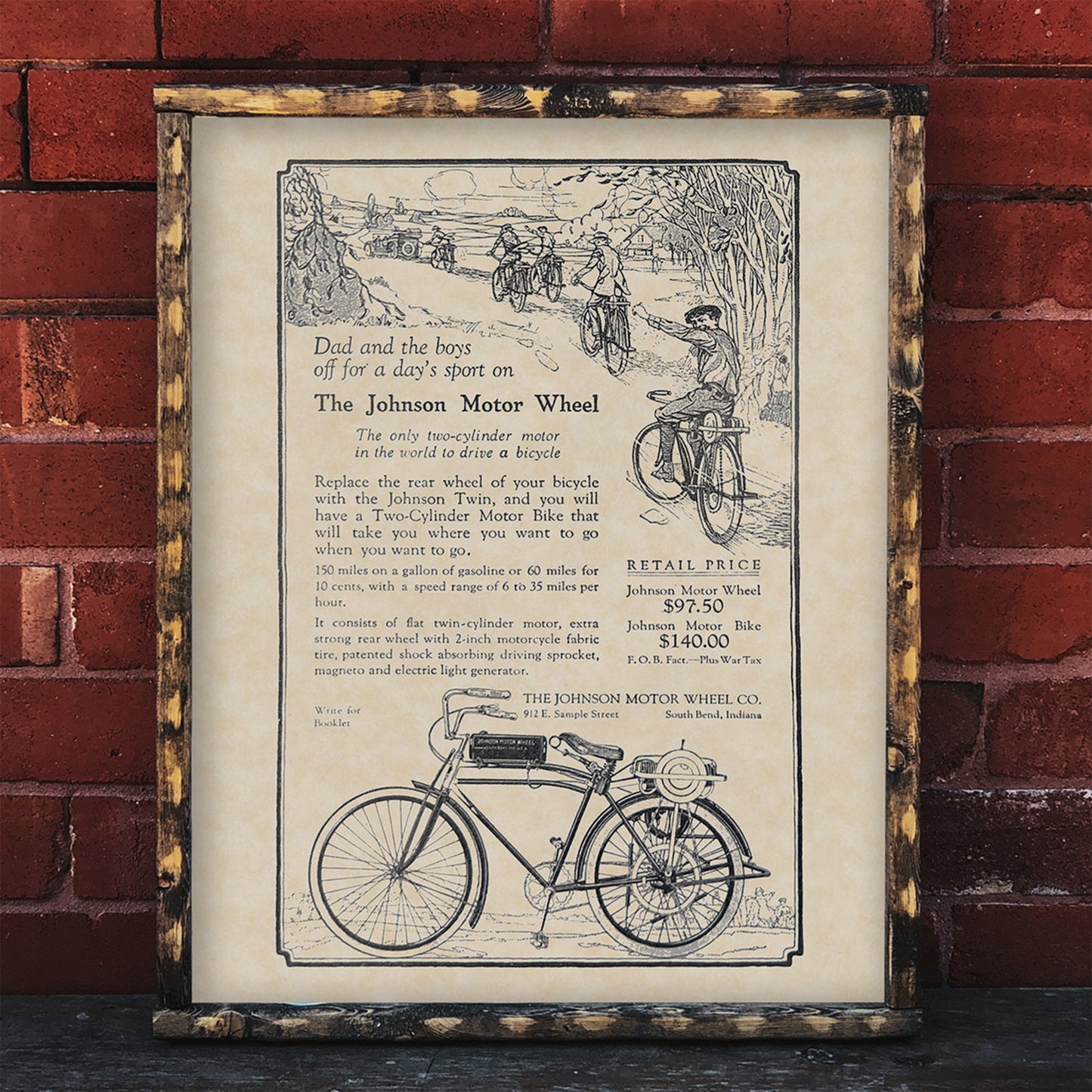 Johnson Motor Bike / Wheel Ad Art 16x20 Vintage Bicycle Motorcycle Print on Custom Parchment