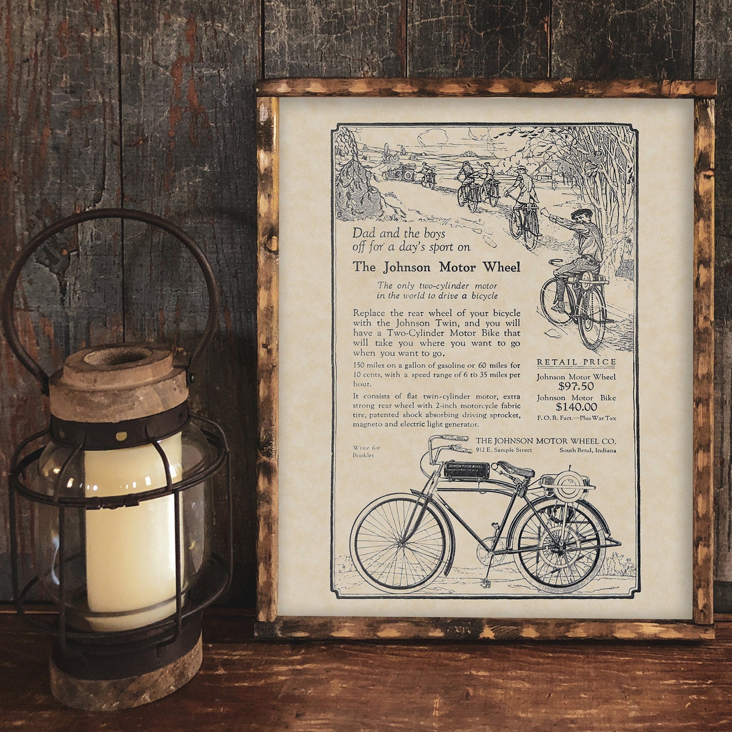Johnson Motor Bike / Wheel Ad Art 16x20 Vintage Bicycle Motorcycle Print on Custom Parchment