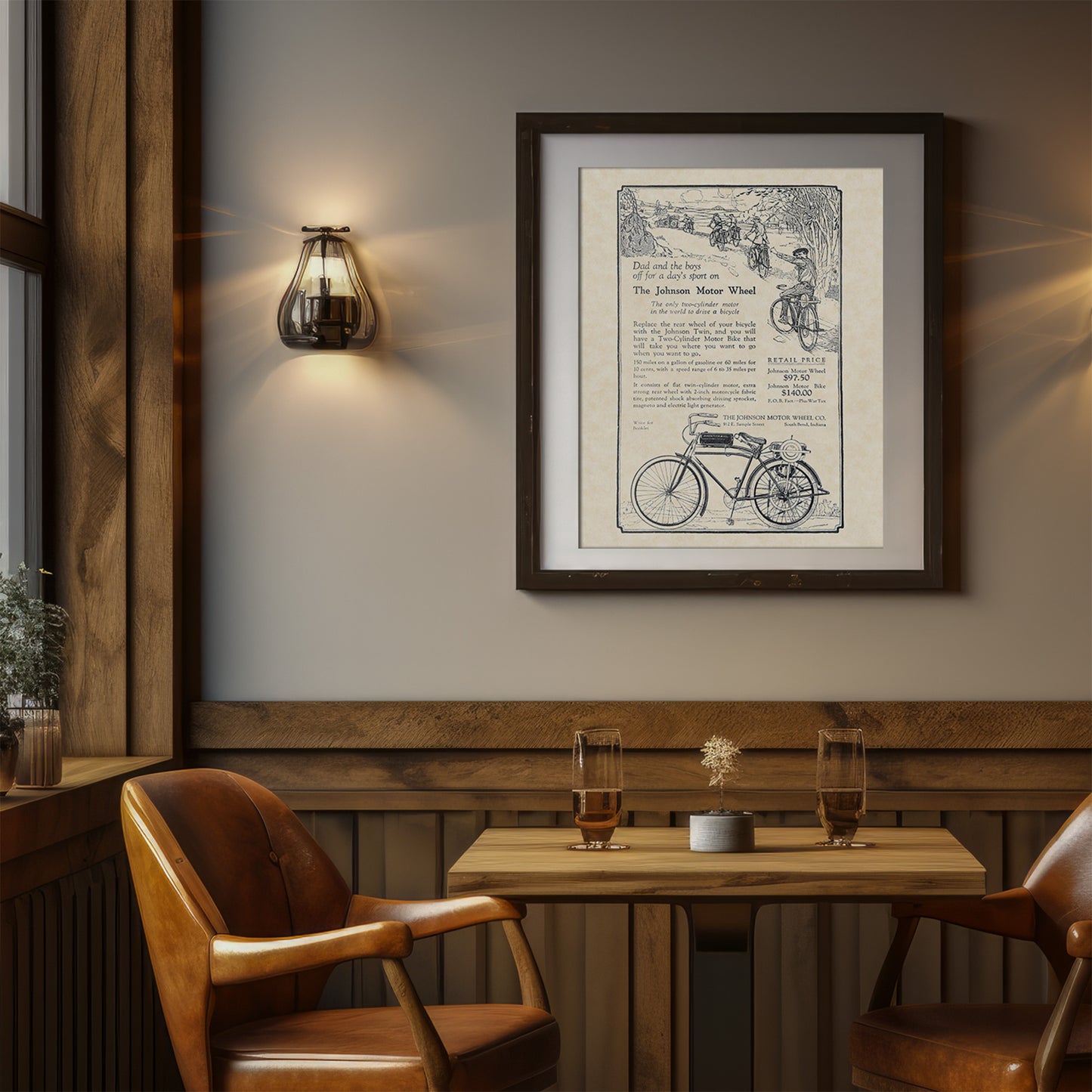 Johnson Motor Bike / Wheel Ad Art 16x20 Vintage Bicycle Motorcycle Print on Custom Parchment