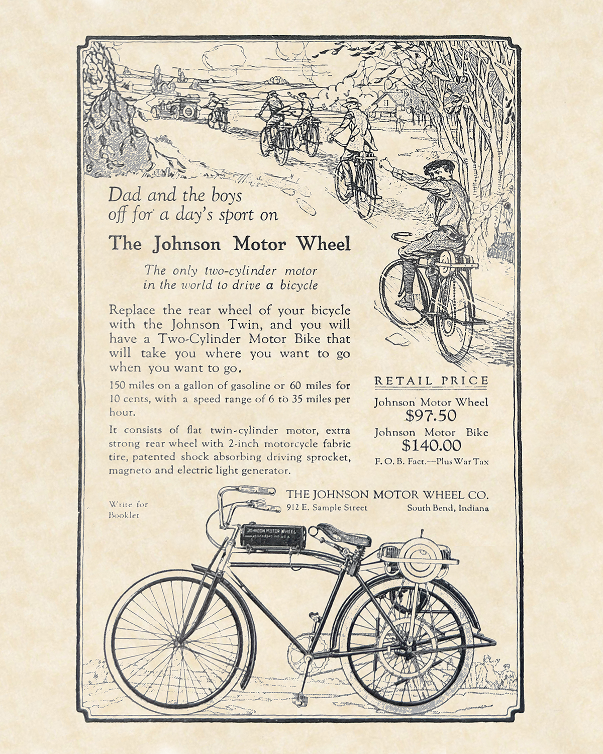 Johnson Motor Bike / Wheel Ad Art 16x20 Vintage Bicycle Motorcycle Print on Custom Parchment