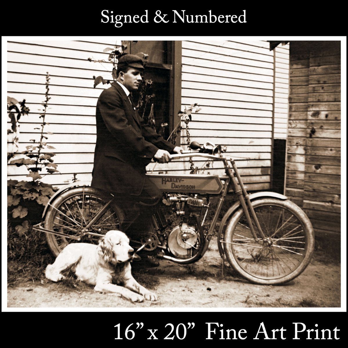 Early 1900's 1st Harley-Davidson Motorcycle Bike Dog & Man Signed Fine Art Print