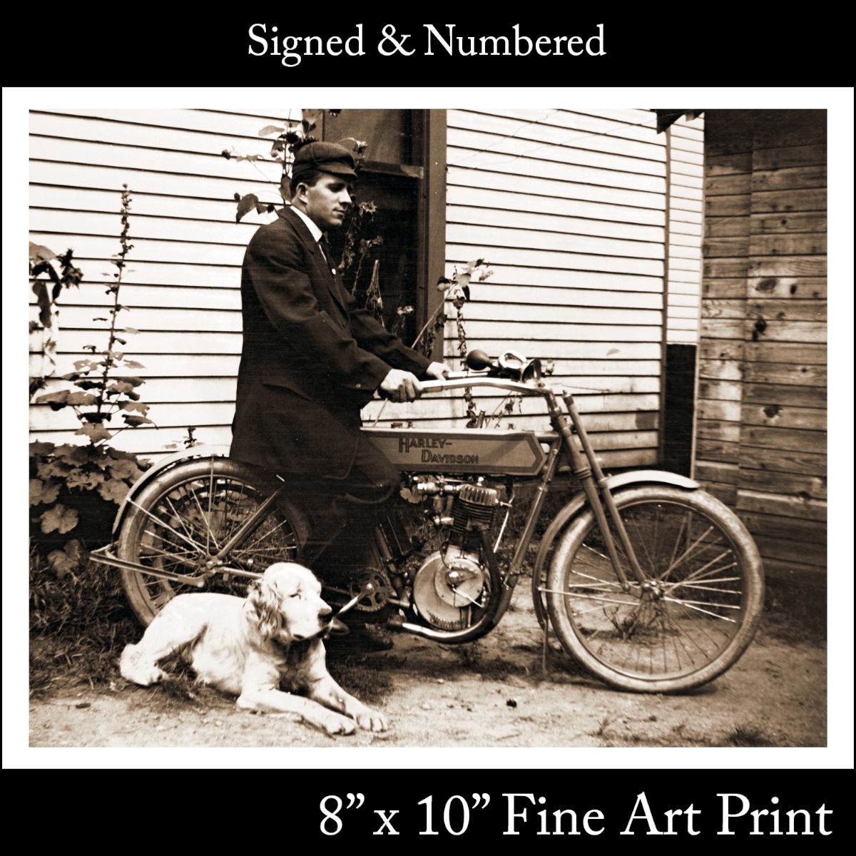 Early 1900's 1st Harley-Davidson Motorcycle Bike Dog & Man Signed Fine Art Print